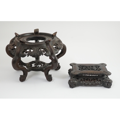 215 - A large Chinese hongmu vase stand and a rectangular hongmu fangding censer stand, late 19th century,... 