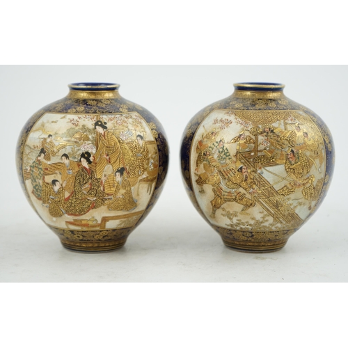 22 - A pair of Japanese Satsuma blue ground globular vases, Meiji period, painted with battling samurai a... 