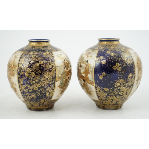 22 - A pair of Japanese Satsuma blue ground globular vases, Meiji period, painted with battling samurai a... 