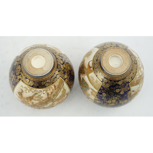 22 - A pair of Japanese Satsuma blue ground globular vases, Meiji period, painted with battling samurai a... 