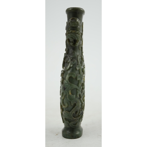 255 - A Chinese spinach green jade arrow vase, hu, 18th/19th century, of flattened bottle shape, crisply c... 