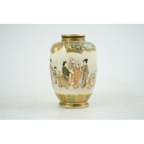 26 - A Japanese Satsuma small ovoid vase, Meiji period, painted with a procession of figures, within broc... 