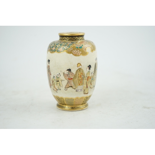 26 - A Japanese Satsuma small ovoid vase, Meiji period, painted with a procession of figures, within broc... 