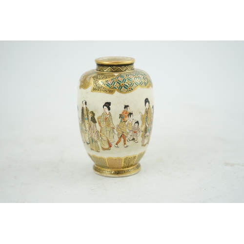 26 - A Japanese Satsuma small ovoid vase, Meiji period, painted with a procession of figures, within broc... 