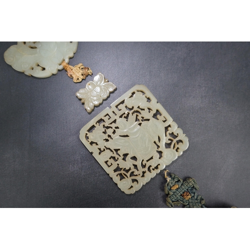 266 - A Chinese pale celadon jade reticulated butterfly and boy riding a qilin double plaque wedding p... 