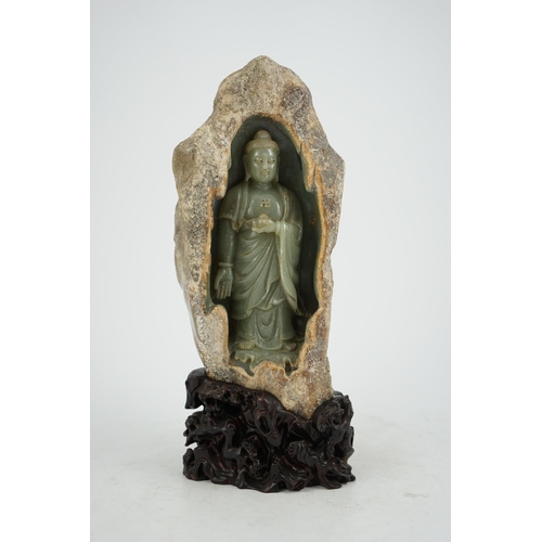 274 - A large Chinese green jade 'Buddha Shakyamuni' boulder carving, in Tang style, but 20th century, the... 