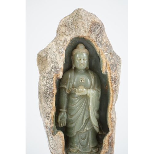 274 - A large Chinese green jade 'Buddha Shakyamuni' boulder carving, in Tang style, but 20th century, the... 