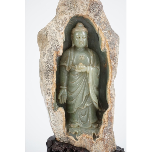 274 - A large Chinese green jade 'Buddha Shakyamuni' boulder carving, in Tang style, but 20th century, the... 