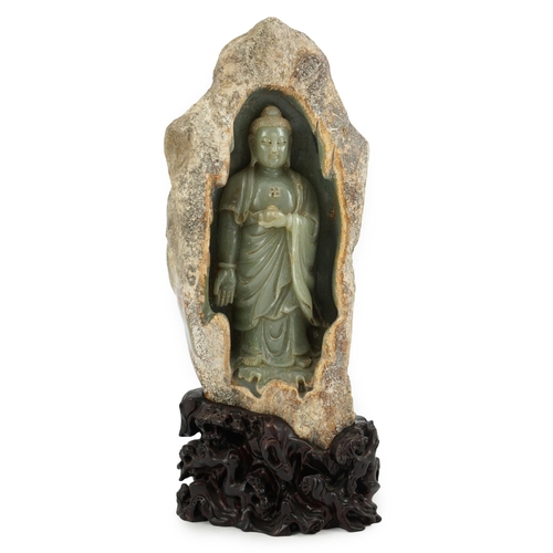 274 - A large Chinese green jade 'Buddha Shakyamuni' boulder carving, in Tang style, but 20th century, the... 