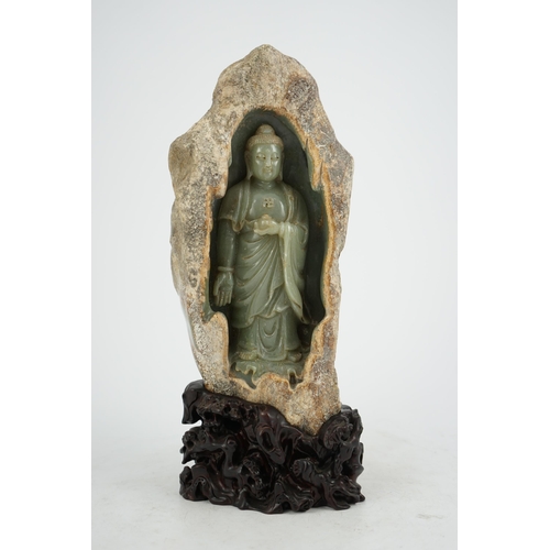 274 - A large Chinese green jade 'Buddha Shakyamuni' boulder carving, in Tang style, but 20th century, the... 