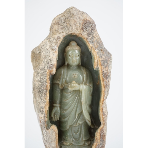 274 - A large Chinese green jade 'Buddha Shakyamuni' boulder carving, in Tang style, but 20th century, the... 