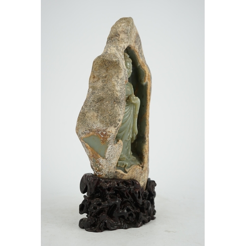 274 - A large Chinese green jade 'Buddha Shakyamuni' boulder carving, in Tang style, but 20th century, the... 