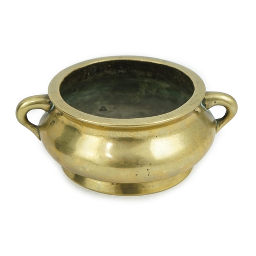 291 - A Chinese bronze censer, gui, Xuande mark, 18th/19th century, the bombé shaped body with a pair of l... 