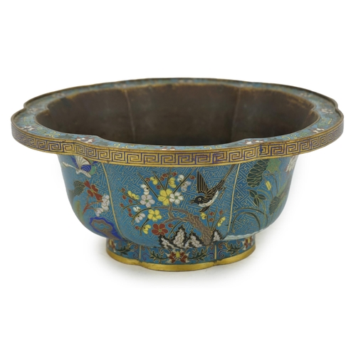 299 - A Chinese cloisonné polychrome enamel petal lobed jardiniere, Jiaqing period, decorated with panels ... 