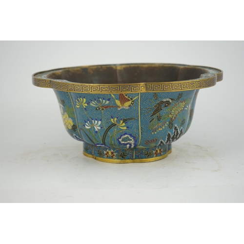 299 - A Chinese cloisonné polychrome enamel petal lobed jardiniere, Jiaqing period, decorated with panels ... 