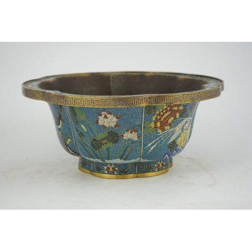 299 - A Chinese cloisonné polychrome enamel petal lobed jardiniere, Jiaqing period, decorated with panels ... 