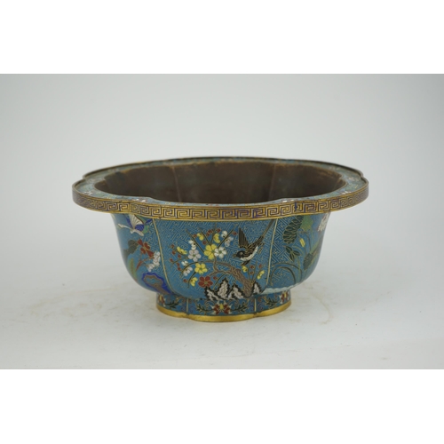 299 - A Chinese cloisonné polychrome enamel petal lobed jardiniere, Jiaqing period, decorated with panels ... 