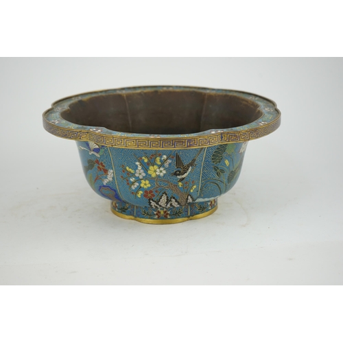 299 - A Chinese cloisonné polychrome enamel petal lobed jardiniere, Jiaqing period, decorated with panels ... 