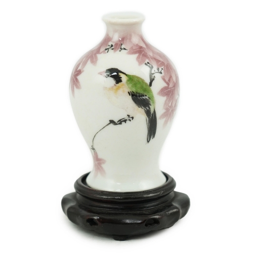 3 - Makuzu Kozan, a miniature baluster vase, c.1900-10, decorated with a finch seated on a maple branch,... 