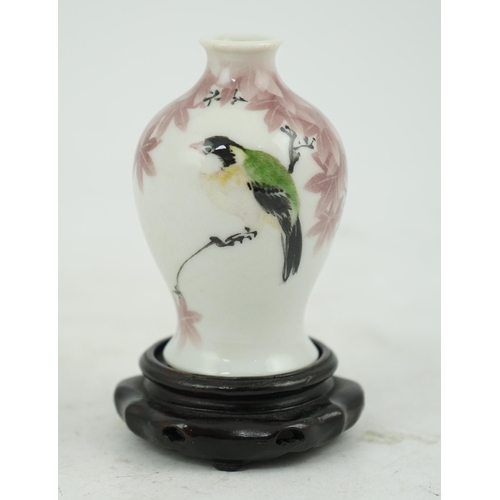 3 - Makuzu Kozan, a miniature baluster vase, c.1900-10, decorated with a finch seated on a maple branch,... 