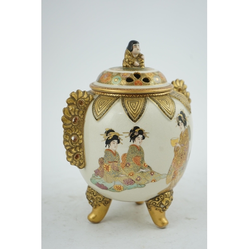 30 - the globular body applied with a pair of pierced gilt floral handles, the pierced domed cover surmou... 