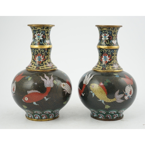 301 - A pair of Chinese cloisonné enamel goldfish vases, probably Jiaqing period (1796-1820), the bamboo... 