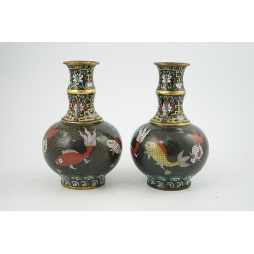 301 - A pair of Chinese cloisonné enamel goldfish vases, probably Jiaqing period (1796-1820), the bamboo... 