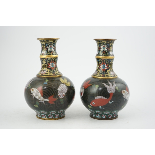 301 - A pair of Chinese cloisonné enamel goldfish vases, probably Jiaqing period (1796-1820), the bamboo... 