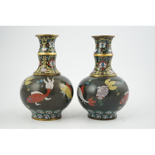 301 - A pair of Chinese cloisonné enamel goldfish vases, probably Jiaqing period (1796-1820), the bamboo... 