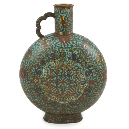 302 - A Chinese cloisonné enamel moon flask, bianhu, late Ming dynasty, each side with a star shaped devic... 