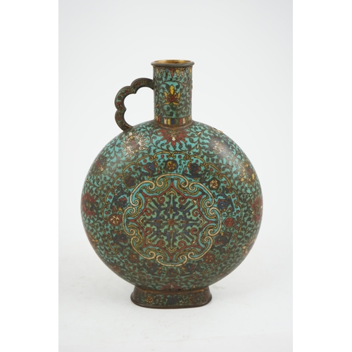 302 - A Chinese cloisonné enamel moon flask, bianhu, late Ming dynasty, each side with a star shaped devic... 