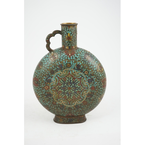 302 - A Chinese cloisonné enamel moon flask, bianhu, late Ming dynasty, each side with a star shaped devic... 