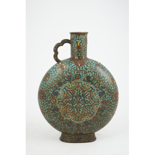 302 - A Chinese cloisonné enamel moon flask, bianhu, late Ming dynasty, each side with a star shaped devic... 