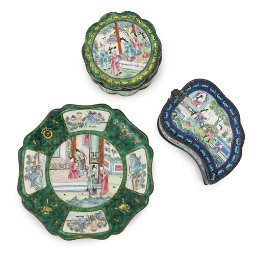 304 - Two Chinese Guangzhou enamel boxes and a similar petal lobed dish, Daoguang period, the leaf shaped ... 