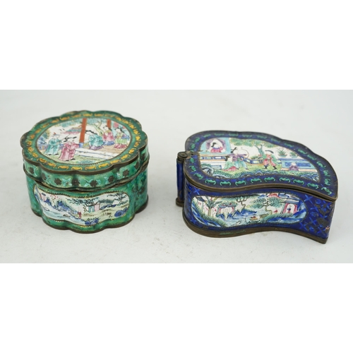 304 - Two Chinese Guangzhou enamel boxes and a similar petal lobed dish, Daoguang period, the leaf shaped ... 