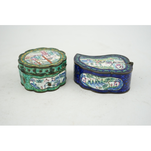 304 - Two Chinese Guangzhou enamel boxes and a similar petal lobed dish, Daoguang period, the leaf shaped ... 