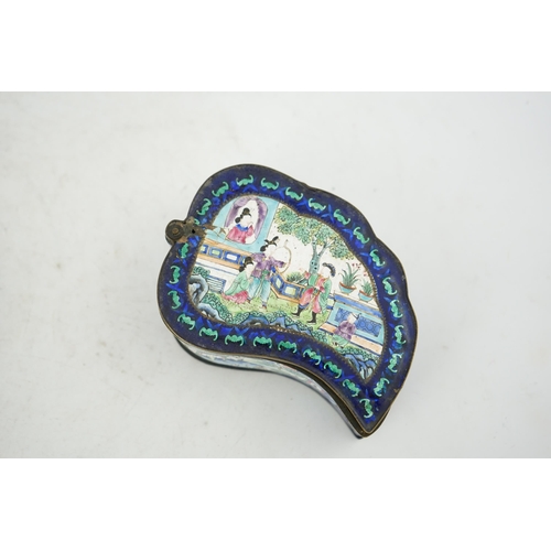 304 - Two Chinese Guangzhou enamel boxes and a similar petal lobed dish, Daoguang period, the leaf shaped ... 