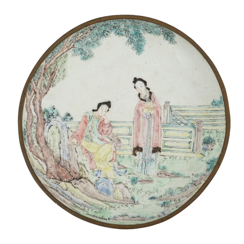 305 - A Chinese Guangzhou enamel saucer dish, 19th century, delicately painted in pastel tones with two la... 