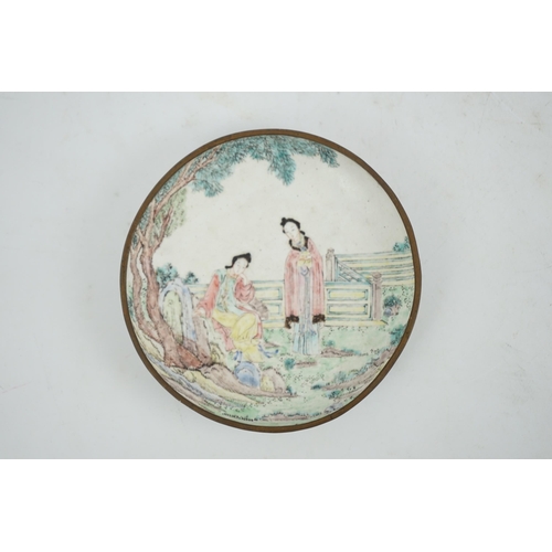 305 - A Chinese Guangzhou enamel saucer dish, 19th century, delicately painted in pastel tones with two la... 