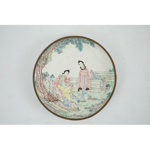 305 - A Chinese Guangzhou enamel saucer dish, 19th century, delicately painted in pastel tones with two la... 