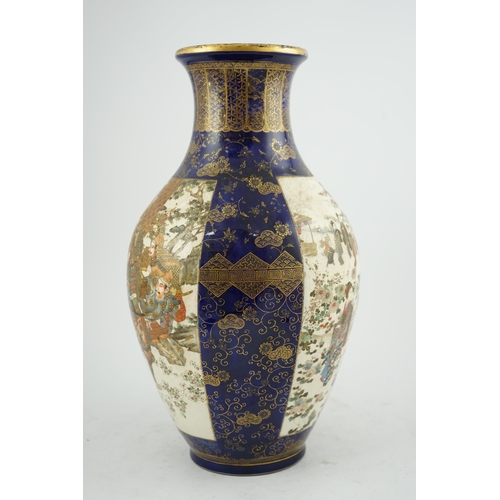 31 - A large Japanese Satsuma blue ground vase, by Kozan, Meiji period, finely painted with samurai in a ... 