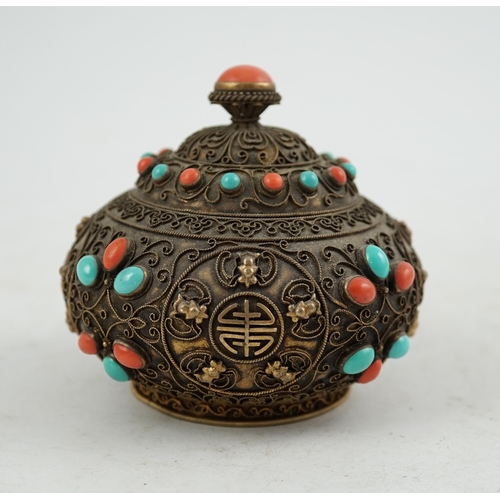 310 - A Sino-Tibetan silver-gilt jar and cover, mid 20th century, with filigree decoration applied with co... 