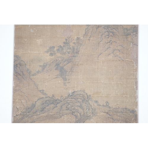 315 - A Chinese painting on silk, Ming dynasty, depicting scholars in a mountainous landscape with sparse ... 