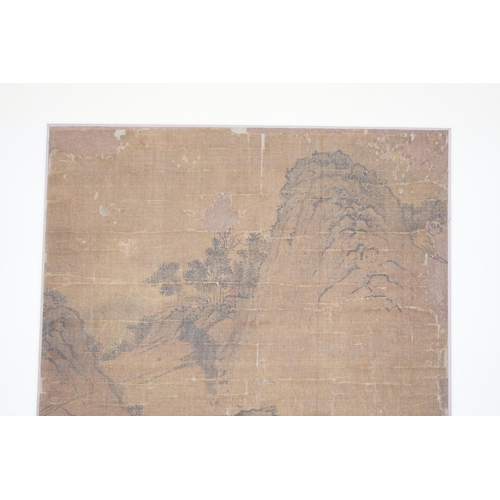 315 - A Chinese painting on silk, Ming dynasty, depicting scholars in a mountainous landscape with sparse ... 