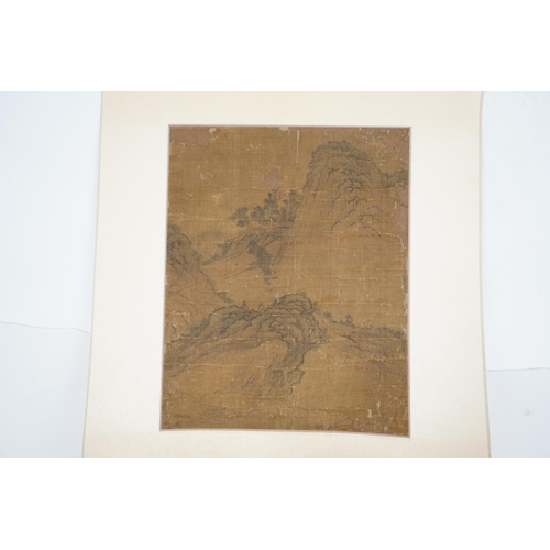 315 - A Chinese painting on silk, Ming dynasty, depicting scholars in a mountainous landscape with sparse ... 