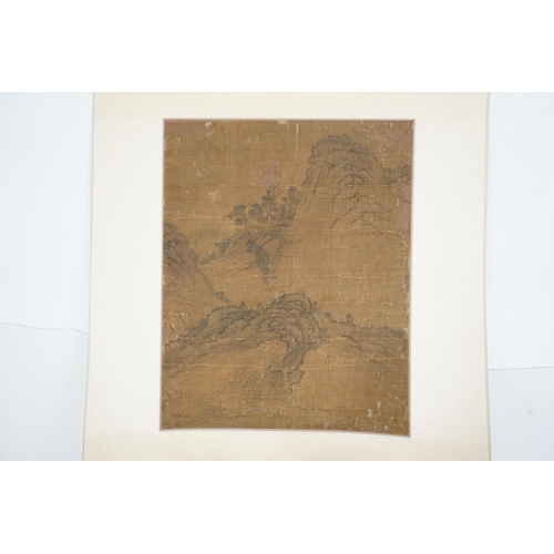 315 - A Chinese painting on silk, Ming dynasty, depicting scholars in a mountainous landscape with sparse ... 