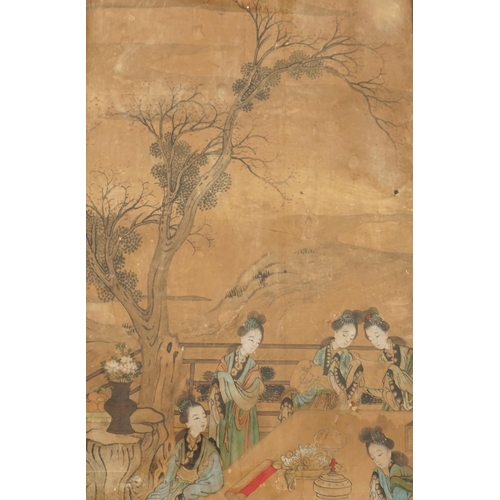 316 - Chinese School, c.1800, ink and colour on paper, beautiful ladies in a garden, the figures on a terr... 