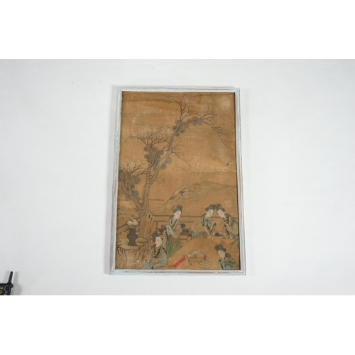 316 - Chinese School, c.1800, ink and colour on paper, beautiful ladies in a garden, the figures on a terr... 