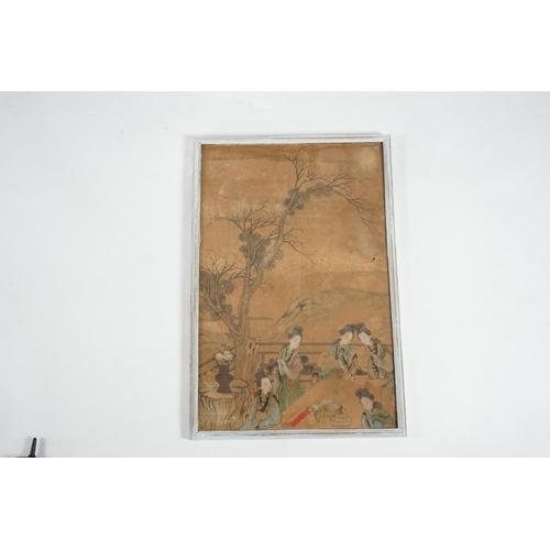 316 - Chinese School, c.1800, ink and colour on paper, beautiful ladies in a garden, the figures on a terr... 