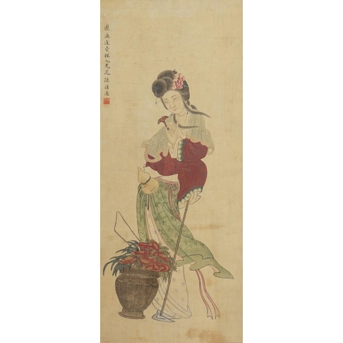 317 - Chinese School, 19th century, ink and colour on paper, Magu with a basket of flowers, inscribed and ... 